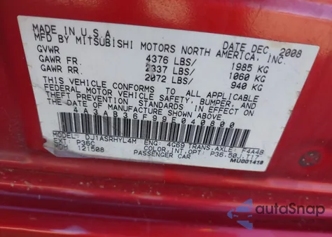 2009 Mitsubishi Galant Es/Sport Edition z USA, uszkodzony, nr VIN 4A3AB36F99E040800